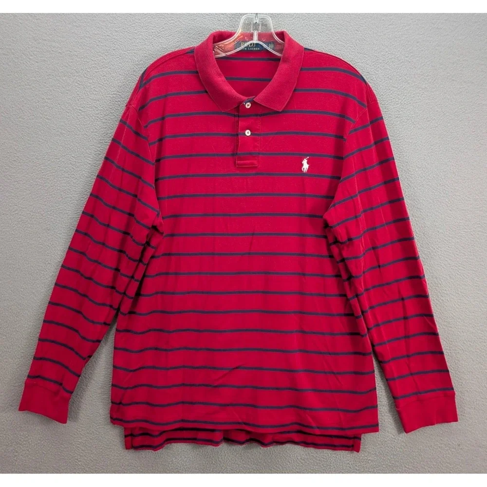 Lot of 2 Polo Ralph Lauren Men's XL Long Sleeve‎ Polo Shirt Purple Red Striped